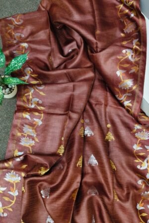 Copper Brown Tissue Tussar Banarasi Saree with Zari Floral Border