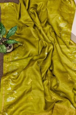 Olive Green Tissue Tussar Banarasi Saree with Zari Floral Border