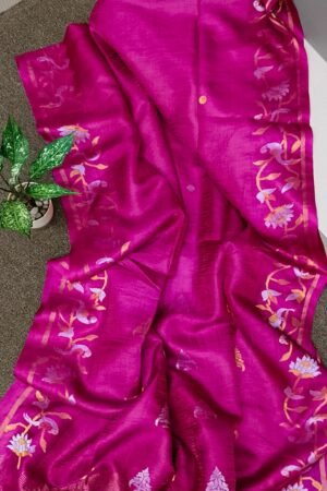 Magenta Pink Tissue Tussar Banarasi Saree with Zari Floral Border