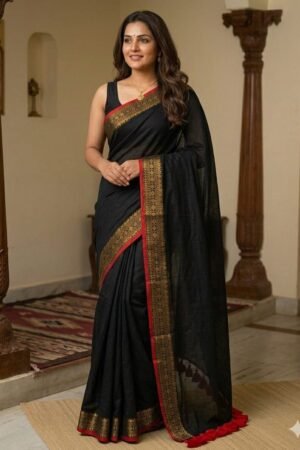 Elegant Black Mul Cotton Saree with Golden Zari Border