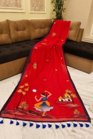 Crimson Red Handpainted Mulmul Cotton Saree with Running Blouse Piece