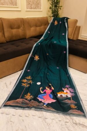 Bottle Green Handpainted Mulmul Cotton Saree with Running Blouse Piece