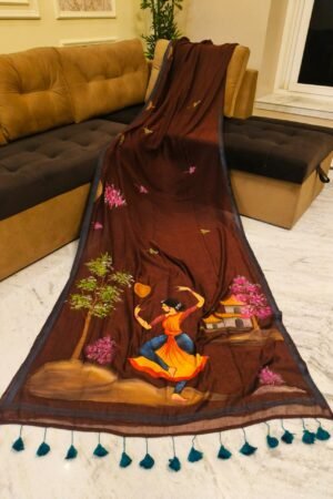 Chocolate Brown Handpainted Mulmul Cotton Saree with Running Blouse Piece