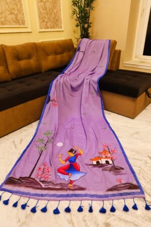 Soft Lavender Handpainted Mulmul Cotton Saree with Running Blouse Piece