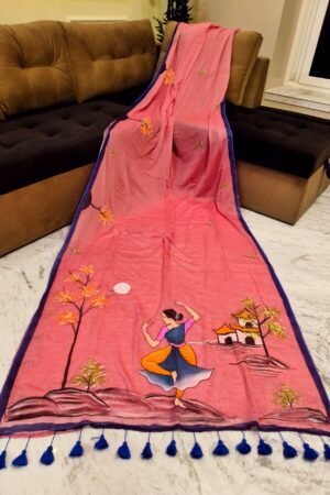 Blush Pink Handpainted Mulmul Cotton Saree with Running Blouse Piece