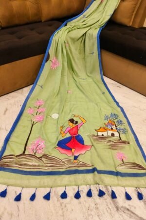 Pistachio Green Handpainted Mulmul Cotton Saree with Running Blouse Piece