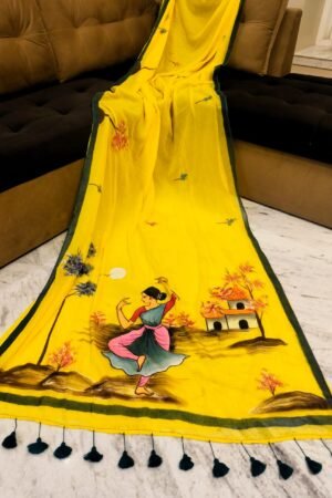 Bright Yellow Handpainted Mulmul Cotton Saree with Running Blouse Piece