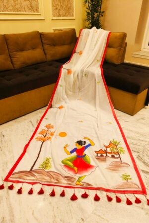 Light Off-White Handpainted Mulmul Cotton Saree with Running Blouse Piece