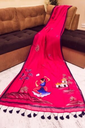 Rani Magenta Handpainted Mulmul Cotton Saree with Running Blouse Piece