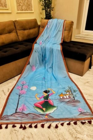 Sky Blue Handpainted Mulmul Cotton Saree with Running Blouse Piece