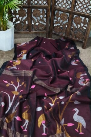 Plum Brown Handwoven Muslin Jamdani Saree with Flamingo & Peacock Motifs