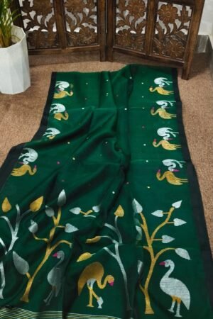 Emerald Green Handwoven Muslin Jamdani Saree with Flamingo & Peacock Motifs