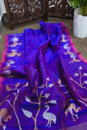 Royal Blue Handwoven Muslin Jamdani Saree with Flamingo & Peacock Motifs