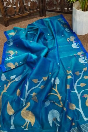 Peacock Blue Handwoven Muslin Jamdani Saree with Flamingo & Peacock Motifs