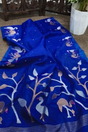 Deep Blue Handwoven Muslin Jamdani Saree with Flamingo & Peacock Motifs