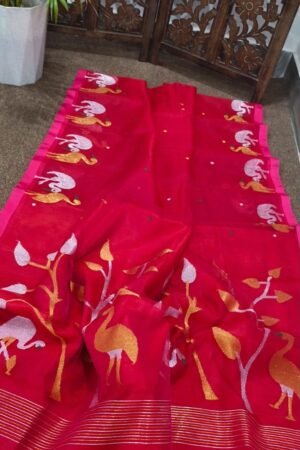 Hot Pink Handwoven Muslin Jamdani Saree with Flamingo & Peacock Motifs