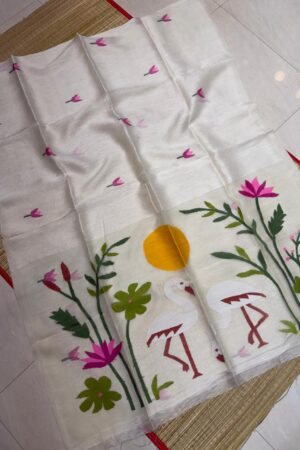 Jaya Shree Hand-Woven Silk Linen Saree with Lotus & Swan Motif