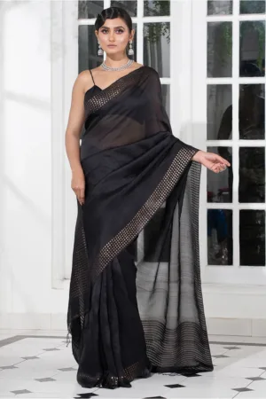 Black Pure Reshom Muslin Saree with Sequence Border