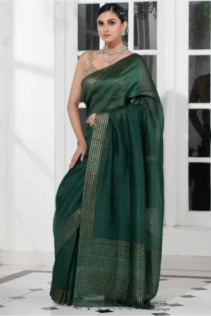 Dark Green Pure Reshom Muslin Saree with Sequence Border