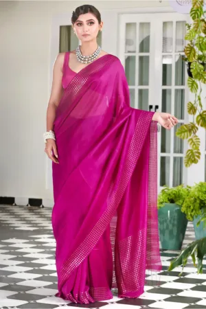 Fuchsia Pink Pure Reshom Muslin Saree with Sequence Border