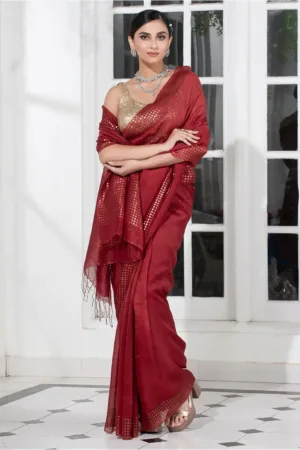 Maroon Pure Reshom Muslin Saree with Sequence Border