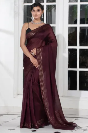 Wine Pure Reshom Muslin Saree with Sequence Border  Slug