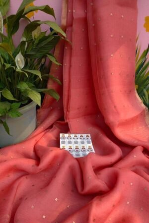 Premium Peach Pink Muslin Sequin Saree
