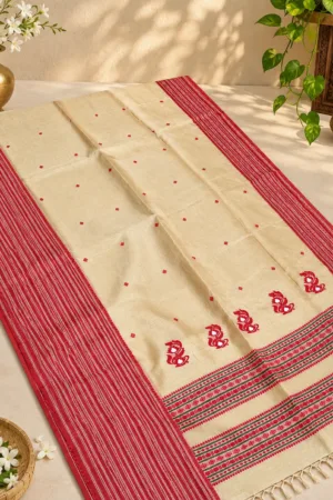 Handloom Gachi Tussar Saree in Cream with Red Border and Motifs