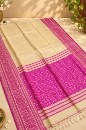 Handloom Gachi Tussar Saree in Cream with Heavy Magenta Floral Pallu and Borders