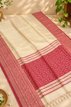 Handloom Gachi Tussar Saree in Cream with Heavy Red Floral Pallu and Borders
