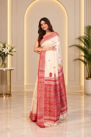Classic White & Red Handwoven Tassar Jamdani Saree